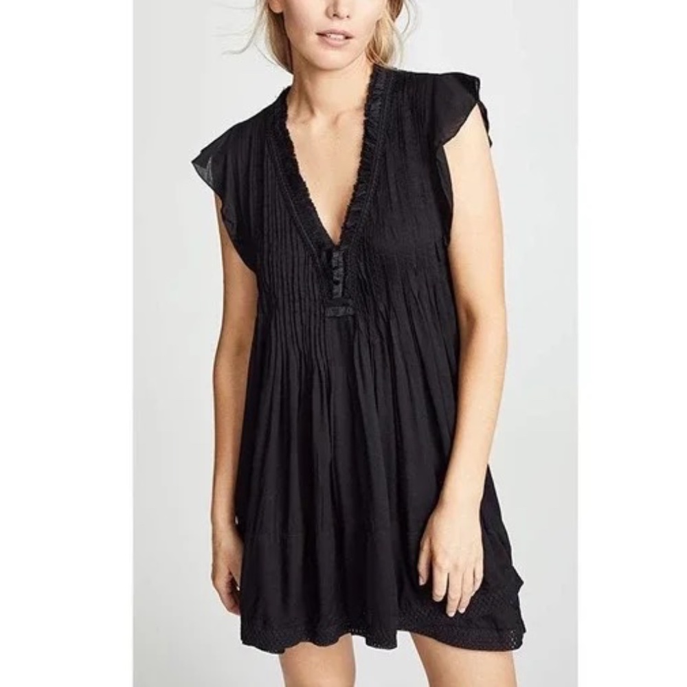 Poupette St Barth Sasha Black Mini Dress S Pleated Flutter Sleeve Lace Trim